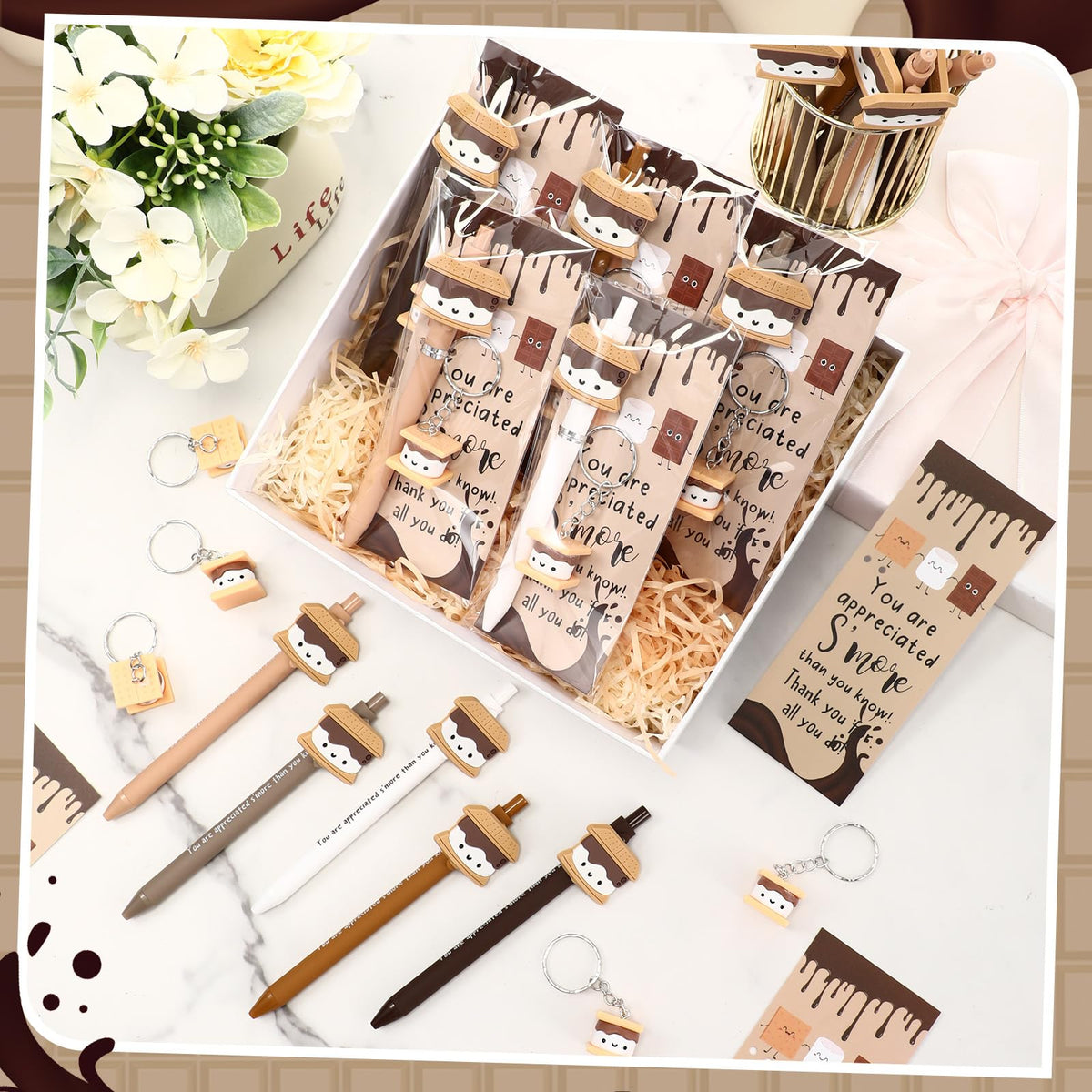 Sayglossy 75 Set Office Inspirational Gifts Bulk S'More Gifts Pens Sets Motivational Marshmallow Ballpoint Pens Keychain Bookmark Appreciation Gift for Teacher Team Employee Staff Coworker