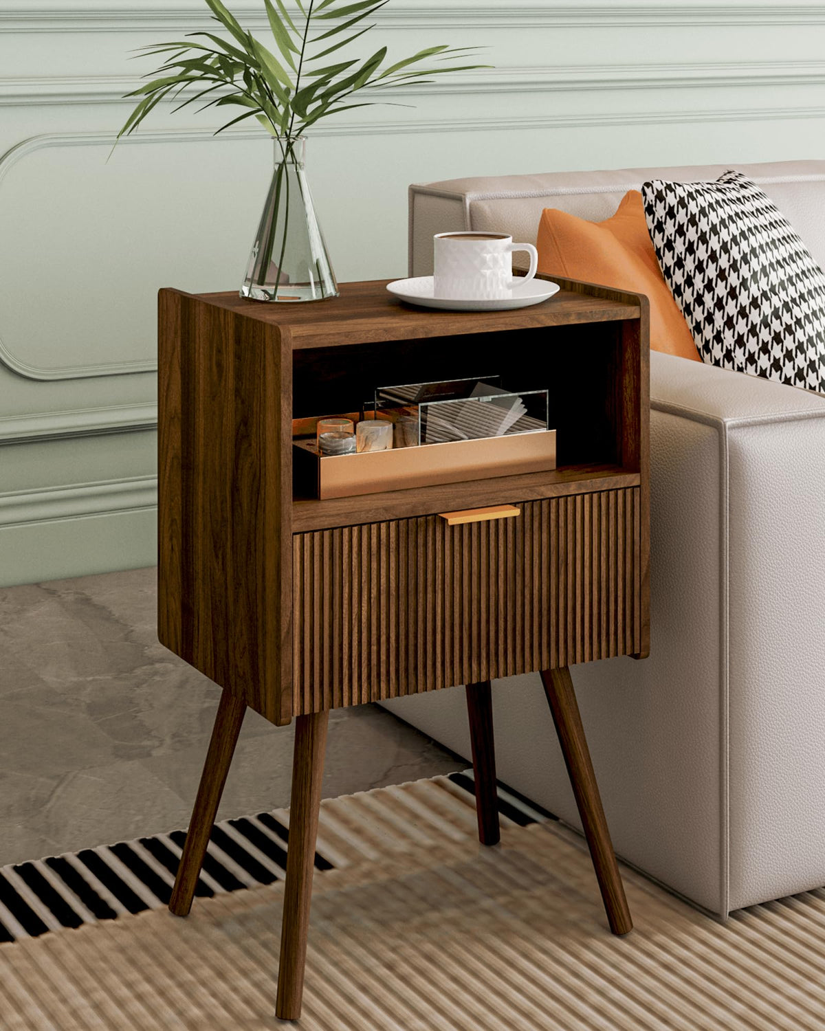 Veegle Nightstand,Modern Bedside Table with Storage Drawer and Open Wood Shelf, Accent Night Stand with Solid Wood Legs for Living Room, Bedroom and Small Spaces,Easy Assembly (Walnut Brown)