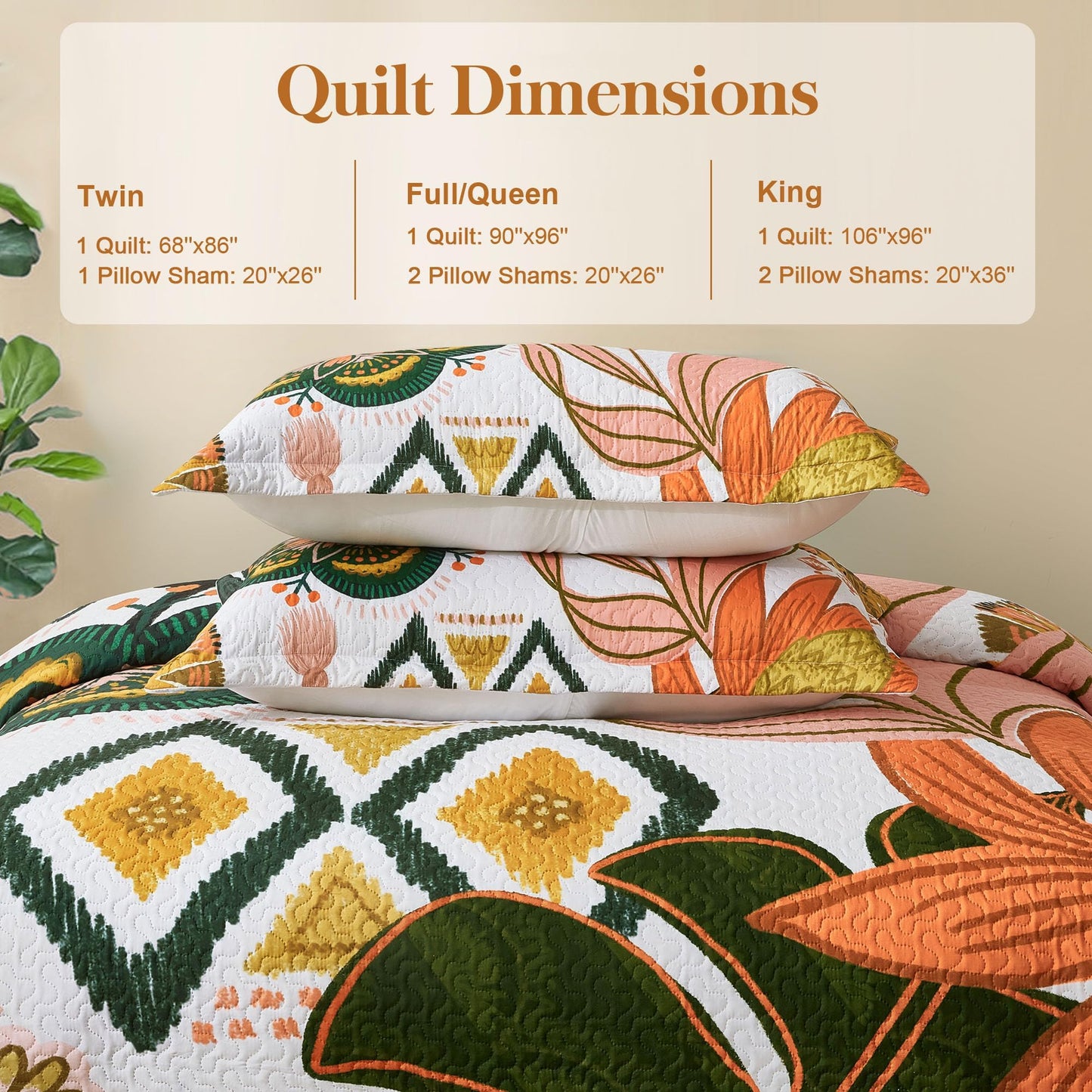 Tyrot 3 Piece Boho Floral King Size Quilt Sets Farmhouse Botanical Reversible Lightweight Bedspread Coverlet with 2 Shams Mid Century Leaves Microfiber Bedding Quilts Set for All Season, 106''x96''