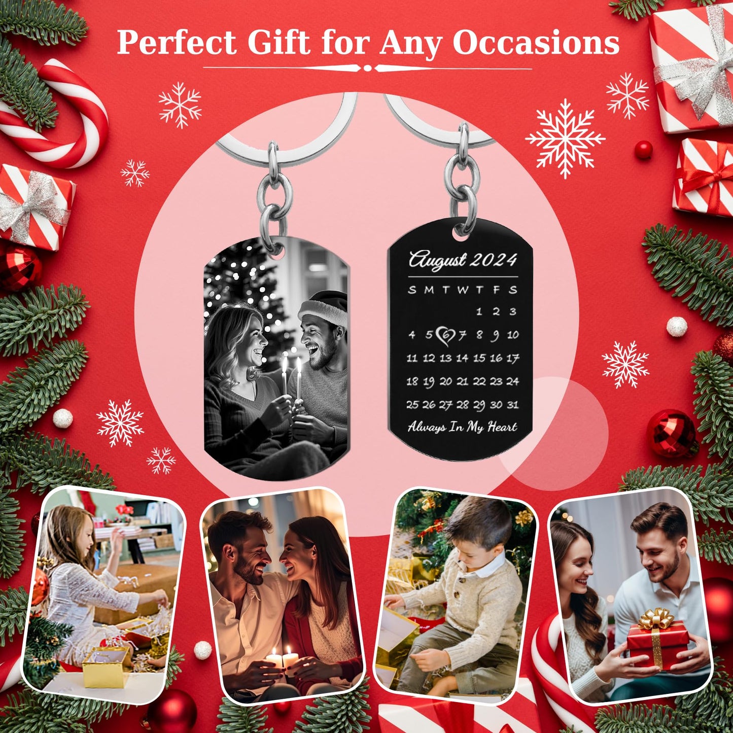 Queenberry Custom Photo Keychain for Husband Boyfriend Laser Engraved Personalized Calendar Date Text Picture Gift for Valentines Day Anniversary