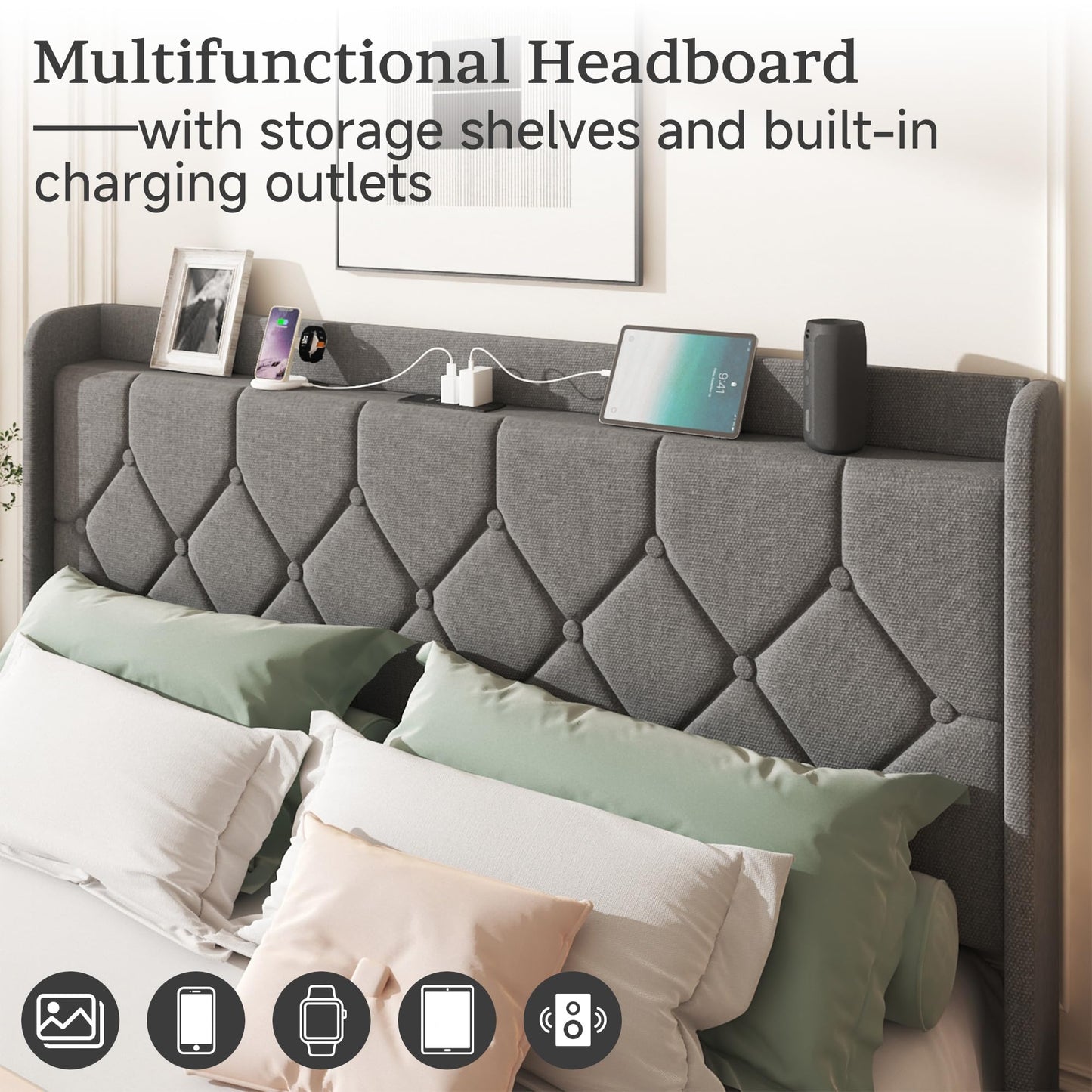 Lcwtvgxr Queen Size Bed Frame with Diamond Tufted Linen Headboard & Storage Shelf, Upholstered Platform Bed with Wood Slats & Sturdy Metal Frames, No Box Spring Needed, Easy Assembly, Gray