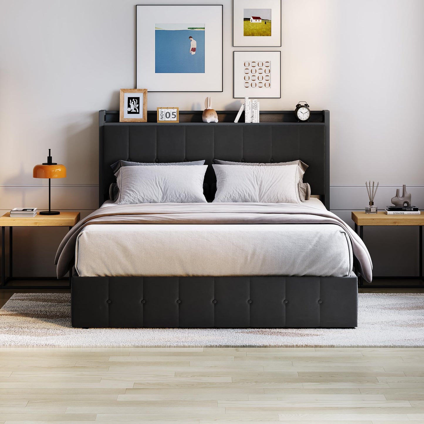 IDEALHOUSE Full Bed Frame with Lift Up Storage, Upholstered Velvet Bed with Storage Headboard, Metal Platform Bed, Button Tufted Headboard, No Box Spring Needed, Solid Wooden Slats, Black