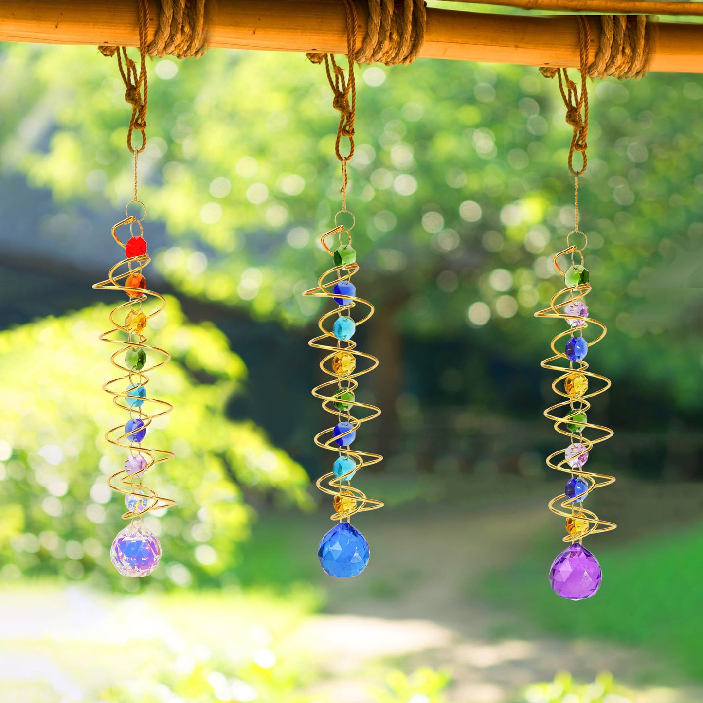 5 Pcs Wind Spinner Tail Gazing Ball Spiral 9'' for Indoor Outdoor Hanging Decor, Rainbow Maker Crystal Chime Sun Catcher w Seven Chakra Beads and Hook Decorative for Window Home Garden Birthday Gift