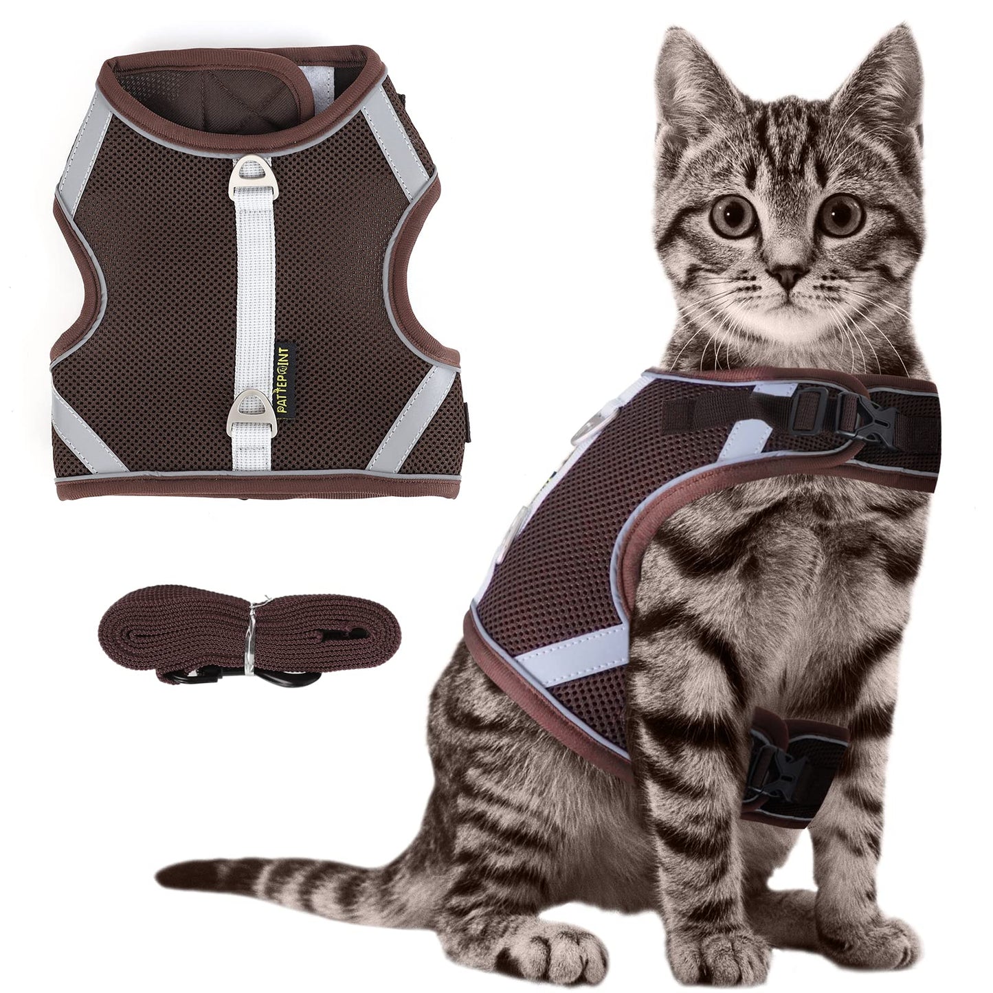 PATTEPOINT Escape Proof Mesh Cat Harness and Leash Set, Adjustable Walking Jacket Vest for Extra Kittens, Easy Control Reflective Cat Vest Harnesses for Small Medium Pets Outdoor (XS Coffee)