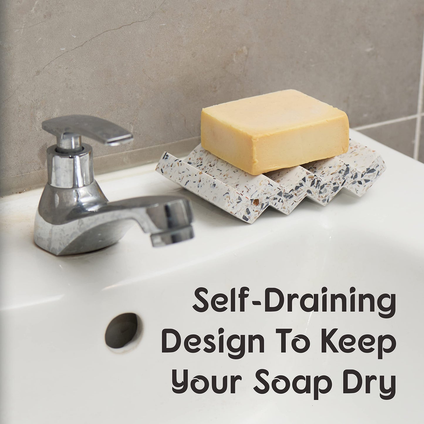 Tapeera Zig Zag Terrazzo Stone Soap Dish for Bathroom Sink - Concrete Soap Saver for Bar Soap Holder for Shower - Sponge Holder - Self Draining Soap Dish Holder - Kitchen Soap Tray (White)