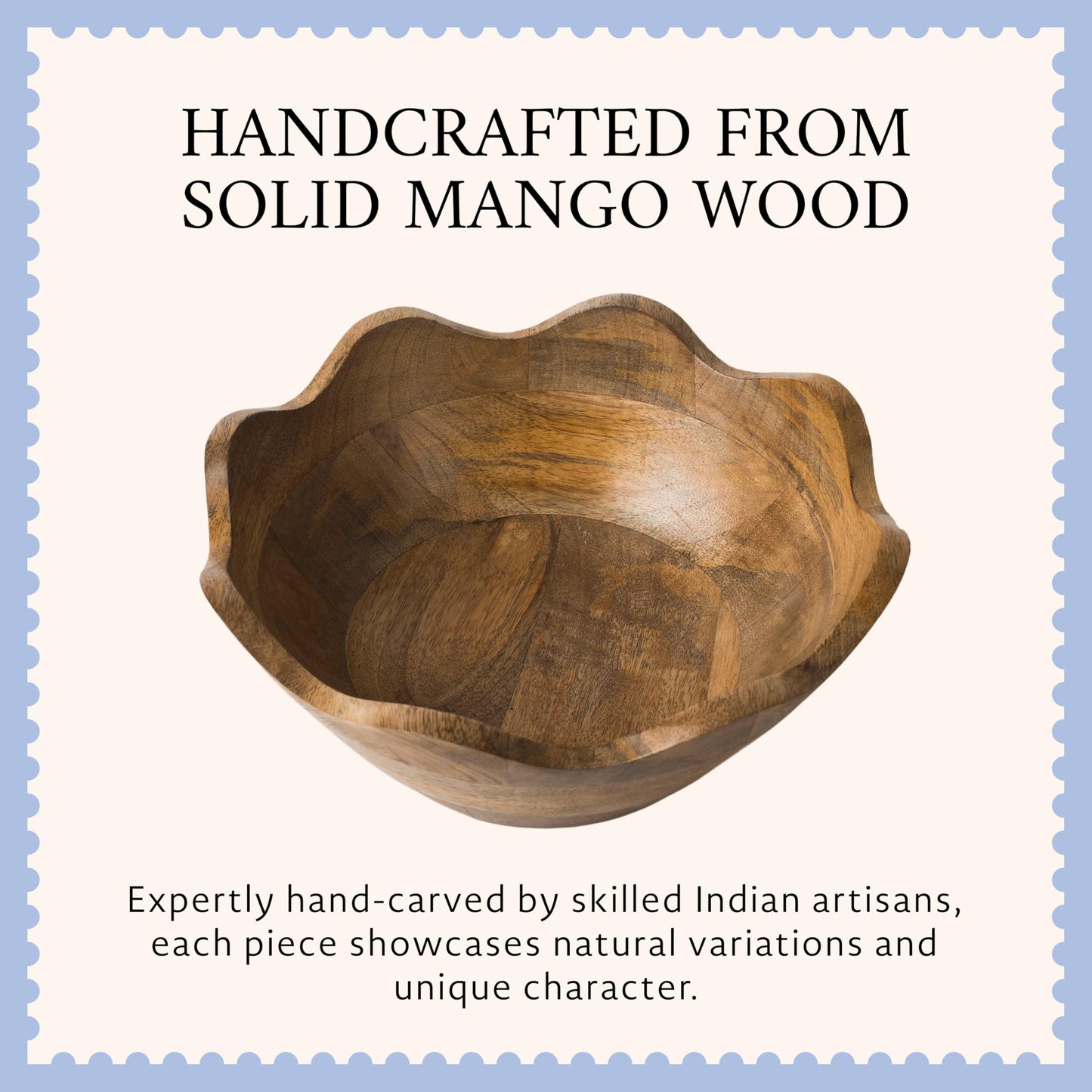 Mela Artisans 10 in Wide x 4 in Tall Scalloped Mango Wood Bowl – Hand-Carved Decorative Serving and Fruit Bowl with Visible Wood Grain for Kitchen Counter, Snacks, Bread and Home Decor