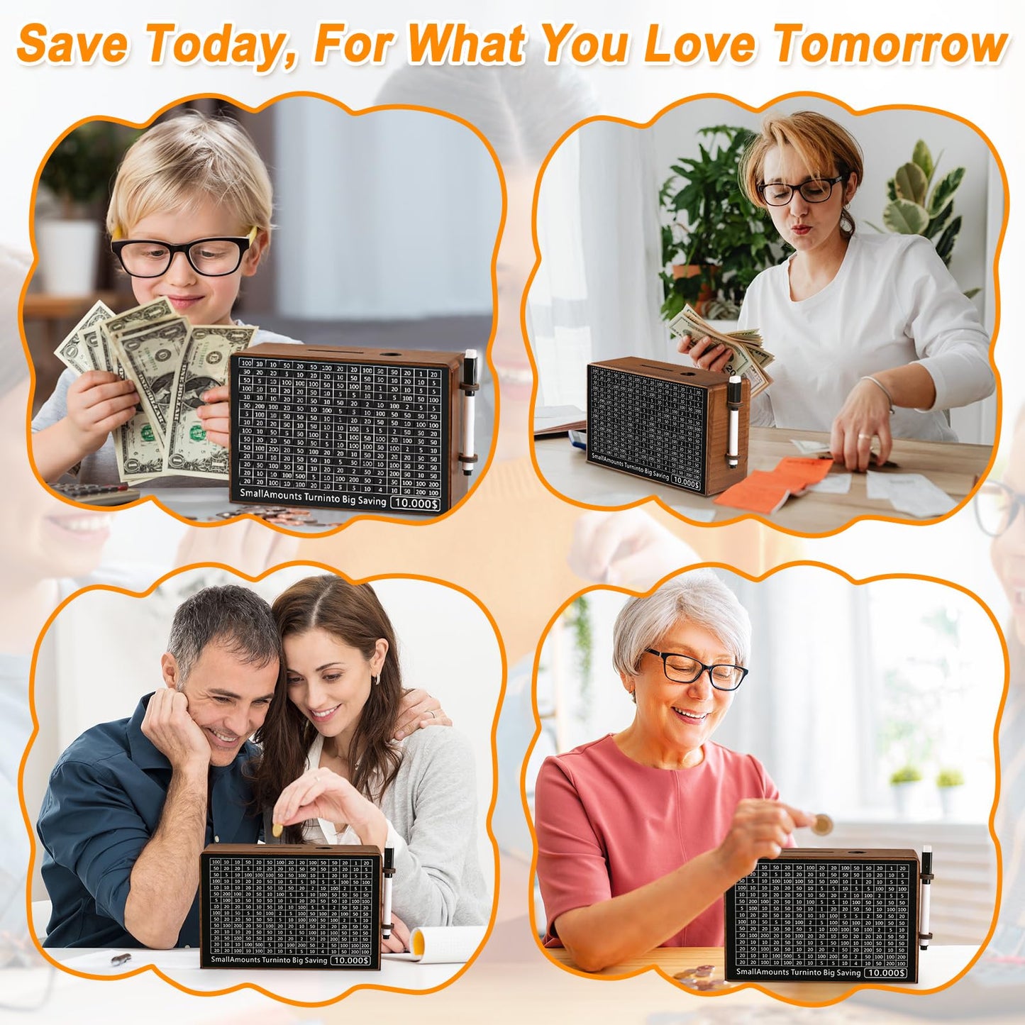 Wooden Money Saving Box for Kids & Adults - Reusable $10,000 Savings Challenge Box with Progress Tracker & Cash Vault, Educational Piggy Bank Gift for Boys Girls 3-12 (7 Amounts, Wood)