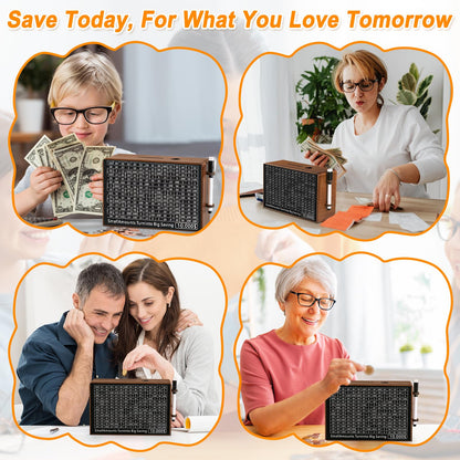 Wooden Money Saving Box for Kids & Adults - Reusable $10,000 Savings Challenge Box with Progress Tracker & Cash Vault, Educational Piggy Bank Gift for Boys Girls 3-12 (7 Amounts, Wood)