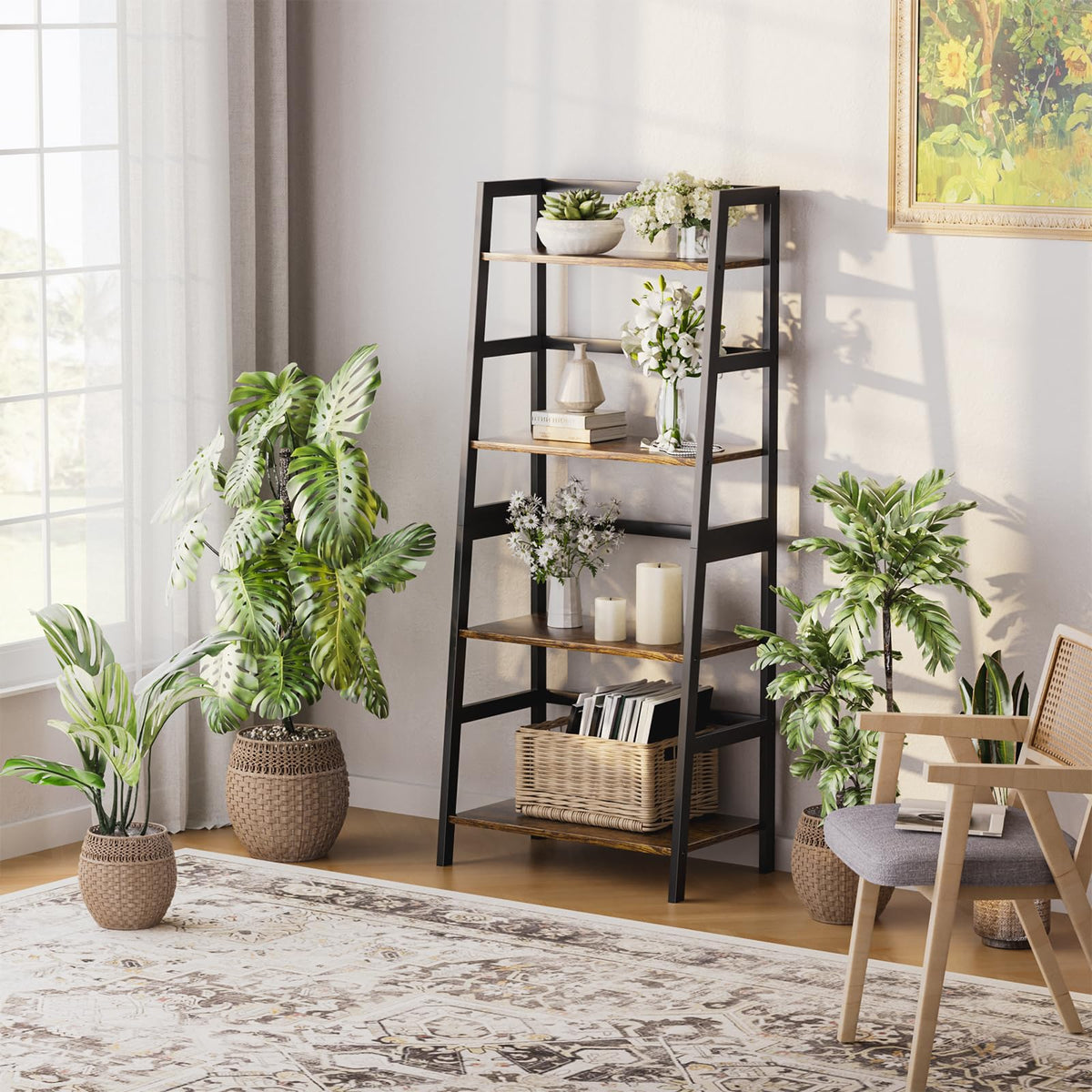 HITNET Ladder Shelf, 4 Tier Bookshelf with Bamboo Frame, Freestanding Bathroom Storage Shelving Unit for Living Room, Home Office, Bedroom, Rustic Brown and Black