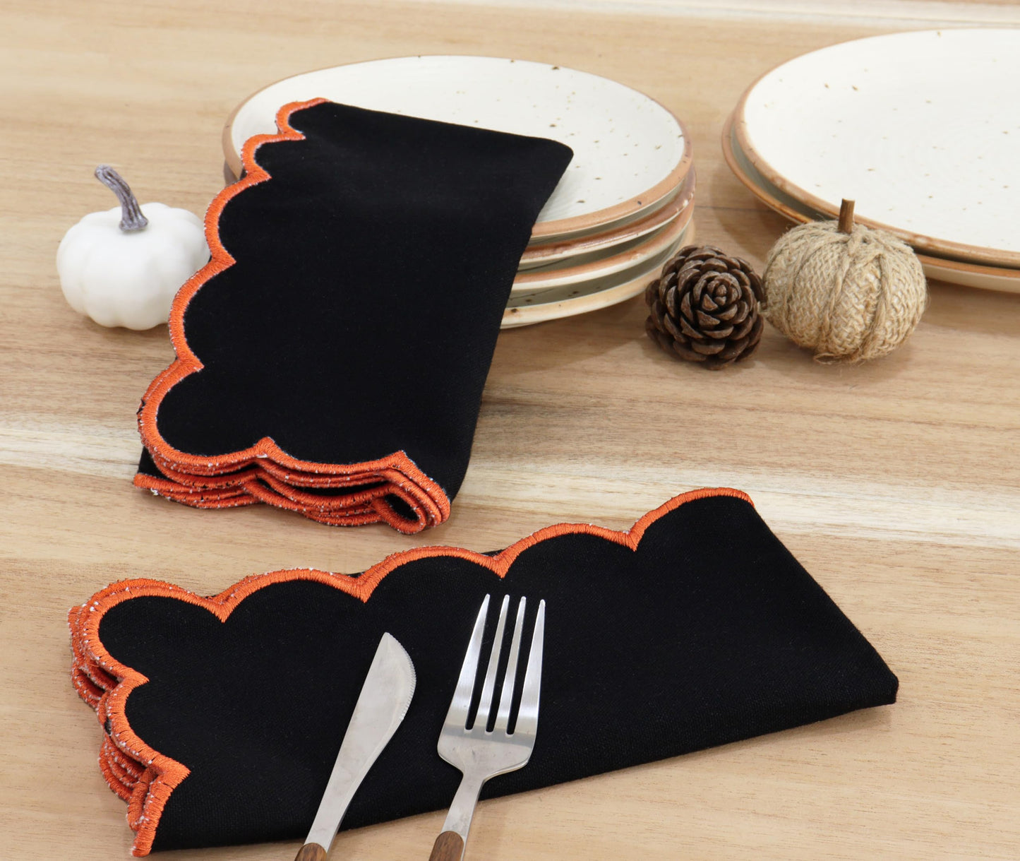 PurpleEssences Scalloped Embroidery Cloth Napkins Table Decor Fall Thanksgiving Halloween 100% Cotton Set of 4-18 x 18 inch - Black - Edges - Orange