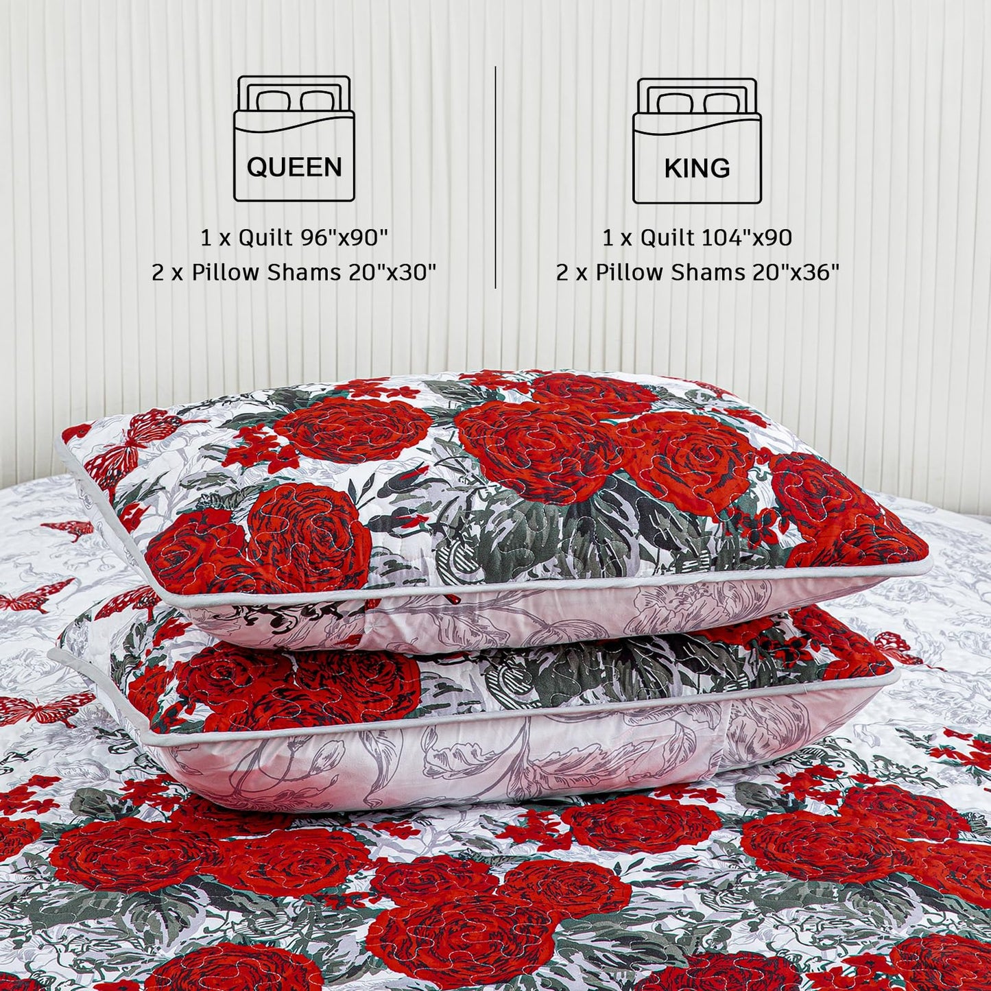 Yiran Red Floral Bedspreads Queen Size Rose Flowers Quilt Bedding Set 3 Pieces Lightweight Microfiber Botanical Coverlet with 2 Pillow Shams for All Season 96x90 Inch