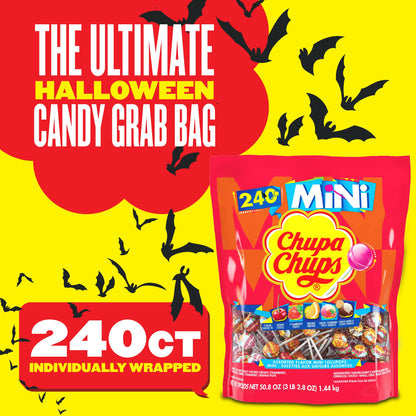 Chupa Chups Mini Lollipop Halloween Trick or Treat Candy Variety Assortment, 5 Flavors, Individually Wrapped Bulk Candy for Adults & Kids, 50.8 oz Bag (240 Suckers)