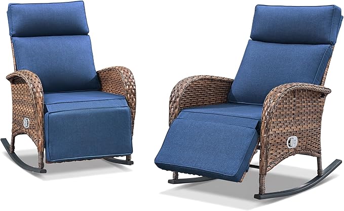 Zero Gravity Patio Rocking Wicker Recliner Chairs Set of 2- Wicker Outdoor Lounge Chair with Adjustable Backrest & Footrest, All Weather Reclining Rocker Chairs with Thick Cushion for Pool Deck Blue