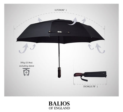 Balios Folding Umbrella Wood Handle Auto Open Close Vented Canopy Black