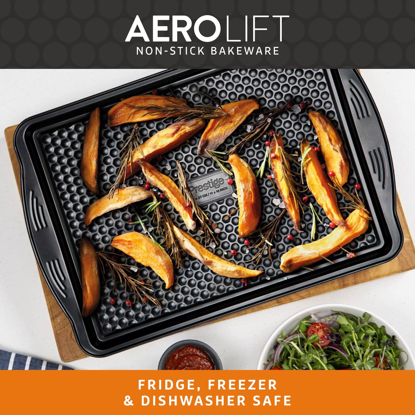PRESTIGE Aerolift Baking Trays for Oven Non Stick Set of 3 - Dishwasher Safe Oven Trays Set with Extra Large Handles, Durable Carbon Steel Roasting Tins with 5 Year Guarantee, Black, 3 Piece Set