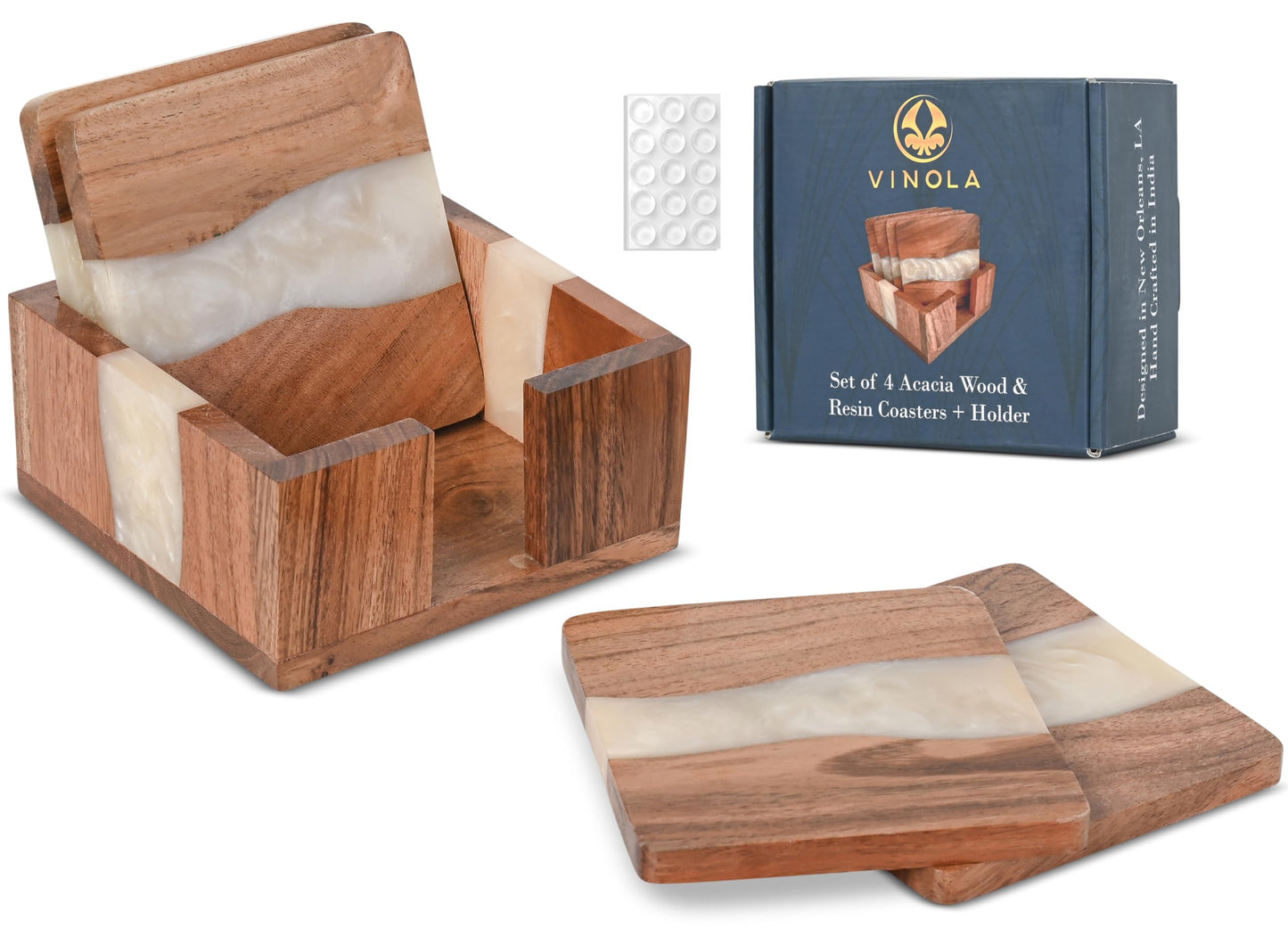 Vinola Coasters Set of 4, Discontinued Soon! Cute Coasters, Rustic Home Decor Accents, New Home Essentials, Wood Coasters for Drinks, Coasters with Holder, Wood Epoxy Resin, 4x4 Inches