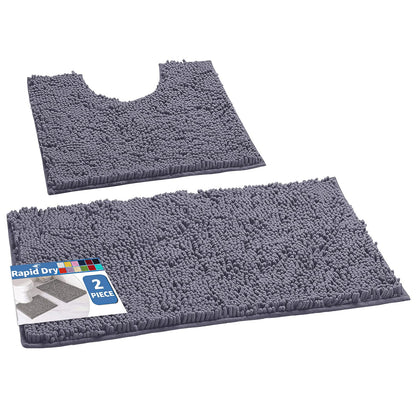 LuxUrux Bath Mat Set, Luxury Chenille (2-Piece) Soft Plush Anti-Slip Rug + Toilet Mat.1'' Microfiber Shaggy Carpet, Super Absorbent (Dark Grey, 80 x 50 cm + U Shaped 50 x 50 cm)