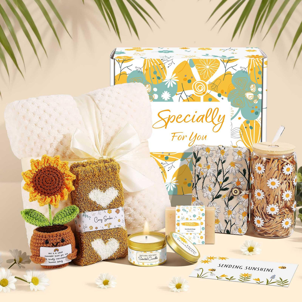 Self Care Gifts for Women Gift Baskets，Sending Sunshine Thinking of You Care Package Spa Gift Sets, Birthday Christmas Gifts for Women Best Friends Mom Sister Wife Grandma Her - Ivory