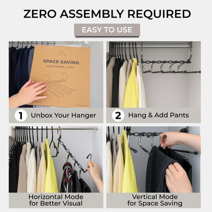 MORALVE Pants Hangers Space Saving - 2 Pack - Non-Slip Multi-Layer Space Saving Hangers - Multifunctional Clothing Rack for Closet Storage - Ideal for Jeans, Trousers, Skirts, Scarves & Slacks (Black)