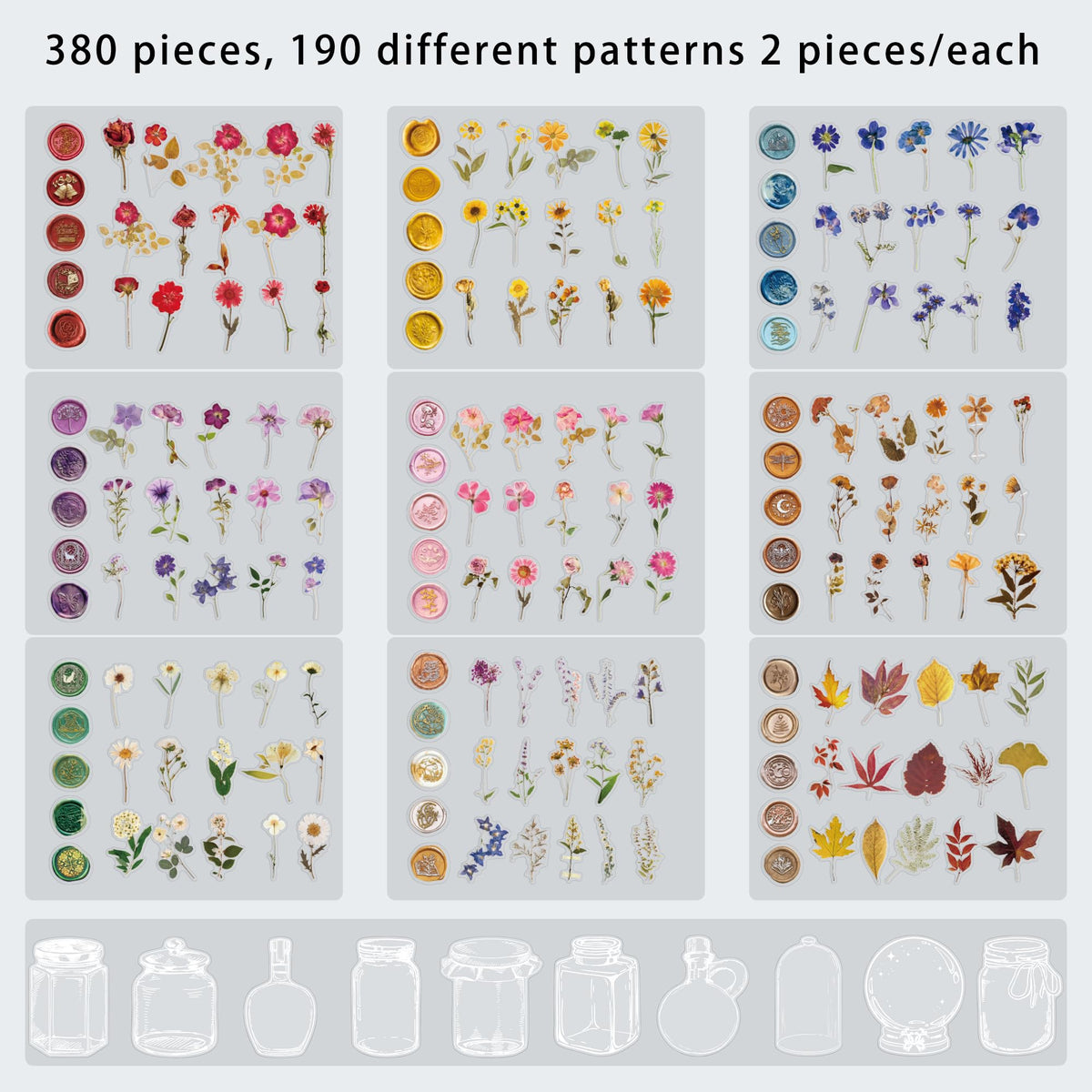 emmoolife Pressed Flower Stickers Set (380 PCS) Dried Flowers Themed Resin Sticker Decals Floral Botanical Journaling Stickers for Scrapbook Supplies Bullet Junk Journal Bottles Planner Laptops