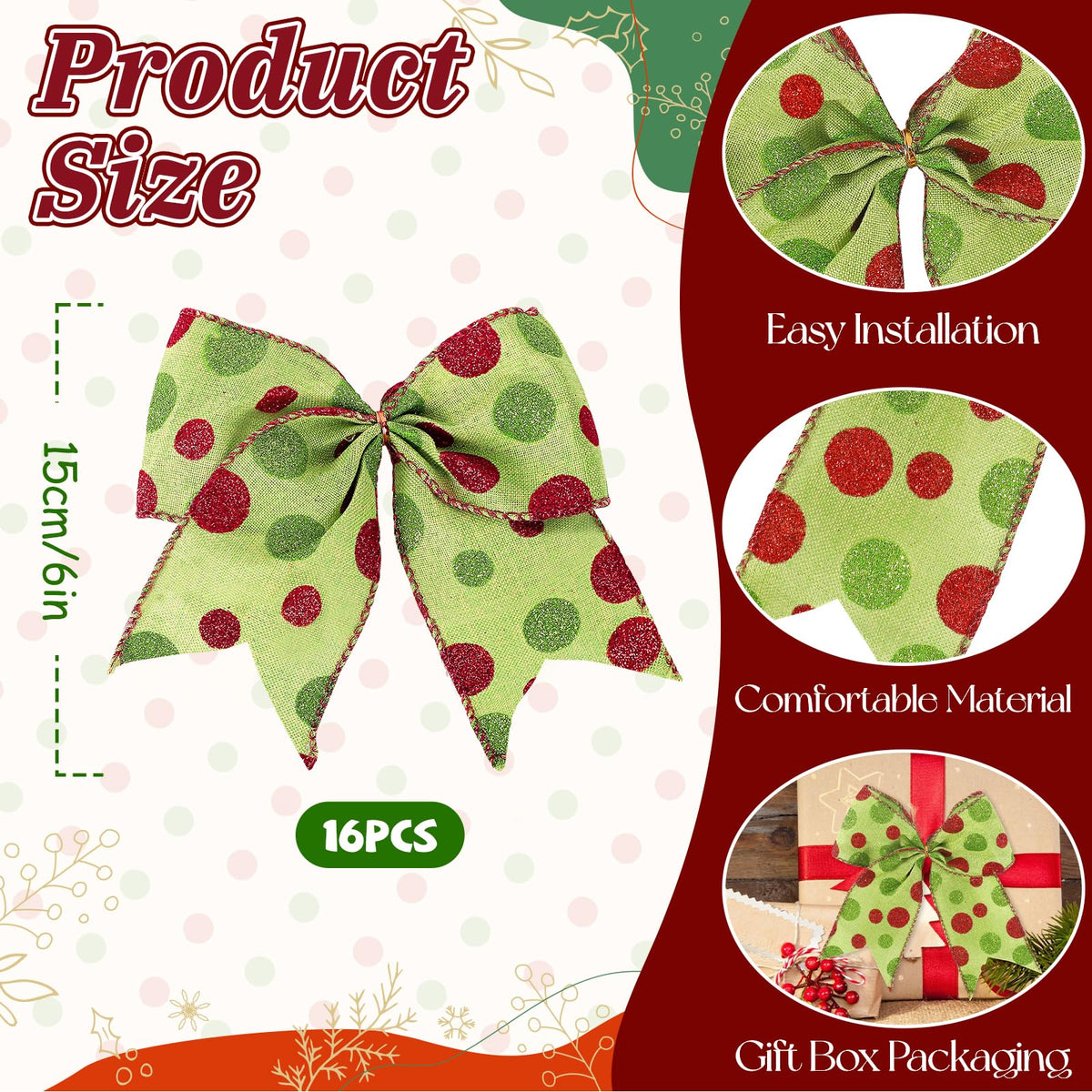 Miucat 16 Pcs Christmas Tree Bows Decoration, 6 Inch Large Christmas Bows Red Green Dot Bows Ribbons Ornaments Christmas Wreath Decorations for Tree Gift Wrapping Wall Home Front Door Decor