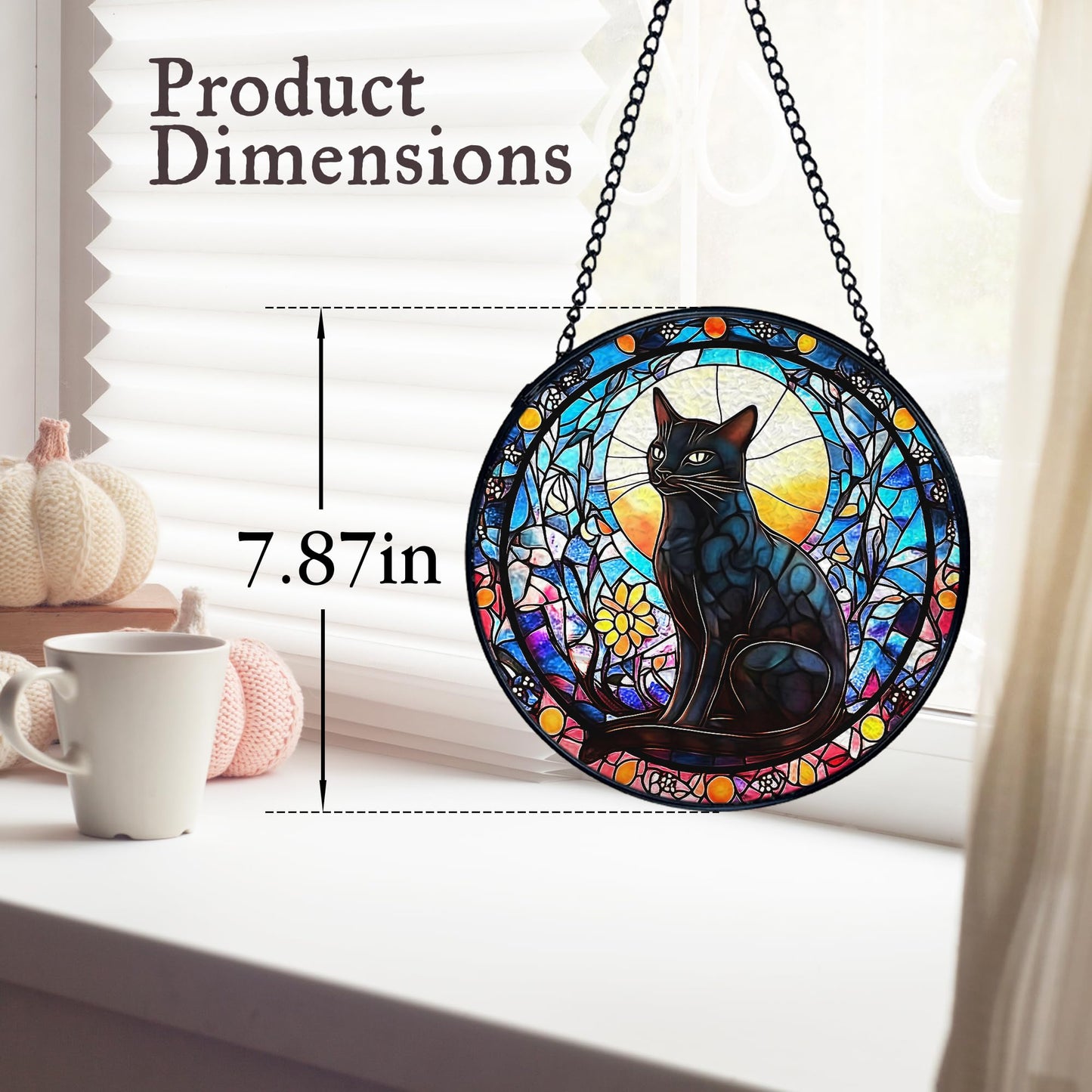 kdqua Black Cat Suncatcher Stained Glass Window Hanging, Gothic Kitty Sun Catchers Indoor Window Glass Round Wall Decor, Cat Wall Art Hanging Decorations Statues, 7.9x7.9in