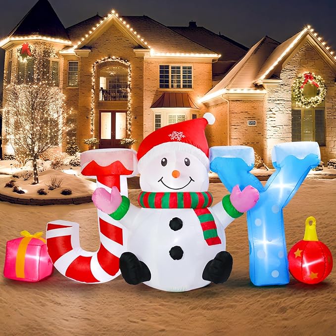 Vigdur 8FT Snowman Christmas Decoration – Christmas Joy and Snowman Blow Up with Built-in LED Lights, Outdoor Christmas Inflatable for Yard, Lawn, Garden, Holiday Party & Home Décor