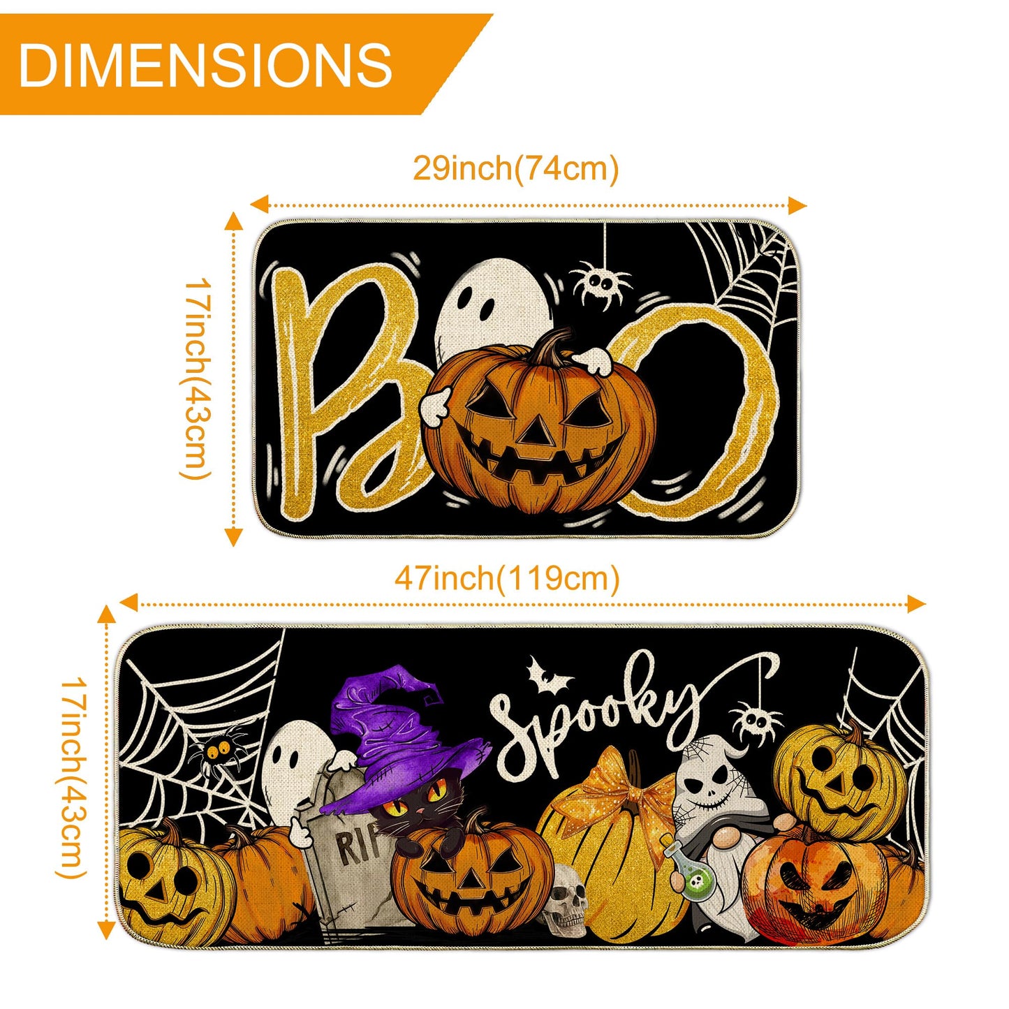 Unibyby Halloween Kitchen Mat Spooky Pumpkins Ghost Halloween Kitchen Mats for Floor, Boo Black Cat Kitchen Rugs and Mats Non Skid Washable Set of 2, Decorative Kitchen Decor 17x29 and 17x47 Inch