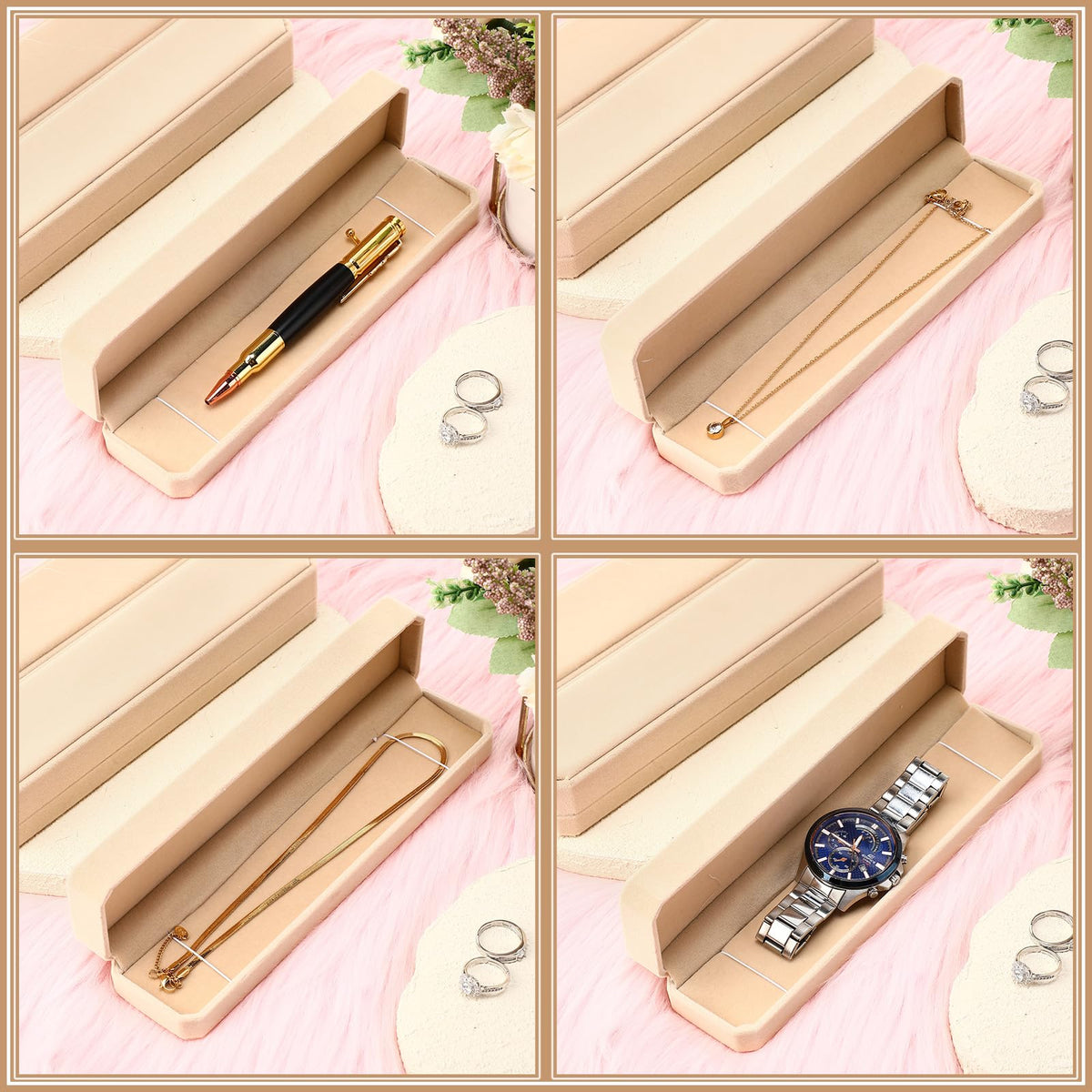 Batiyeer 24 Pcs Velvet Bracelet Box Bulk Jewelry Chain Necklace Box Bracelet Storage Case Long Jewelry Case for Wedding Pendant Display Vendors, 8.86 x 2.13 x 1.38 Inch(Beige)