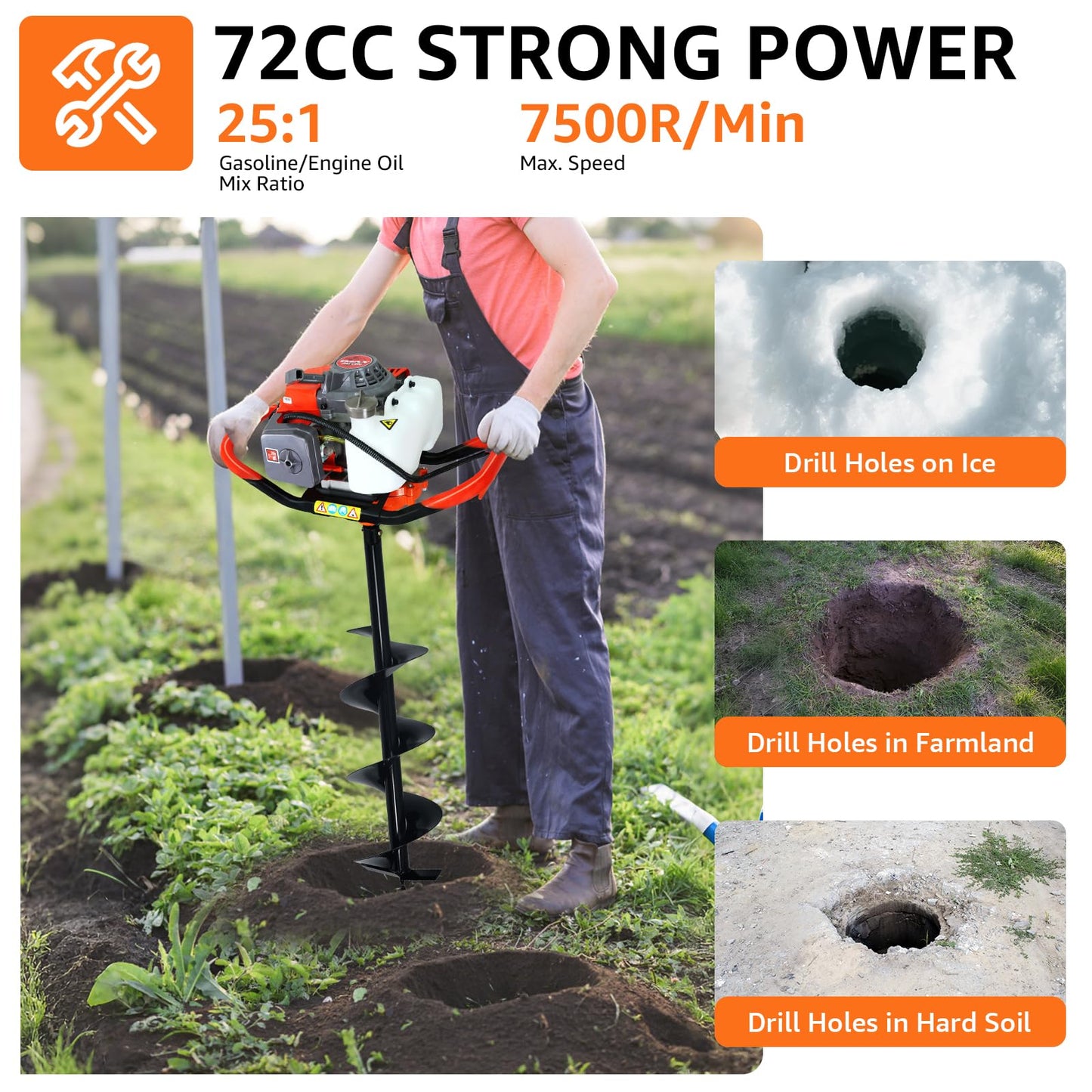 XJADQW 72CC 2-Stroke Gas Powered Post Hole Digger with 3" & 5" & 8" Auger Bits + 24“ & 24" Extension Rod, Heavy Duty Earth Auger for Farm, Garden, Landscaping, Construction