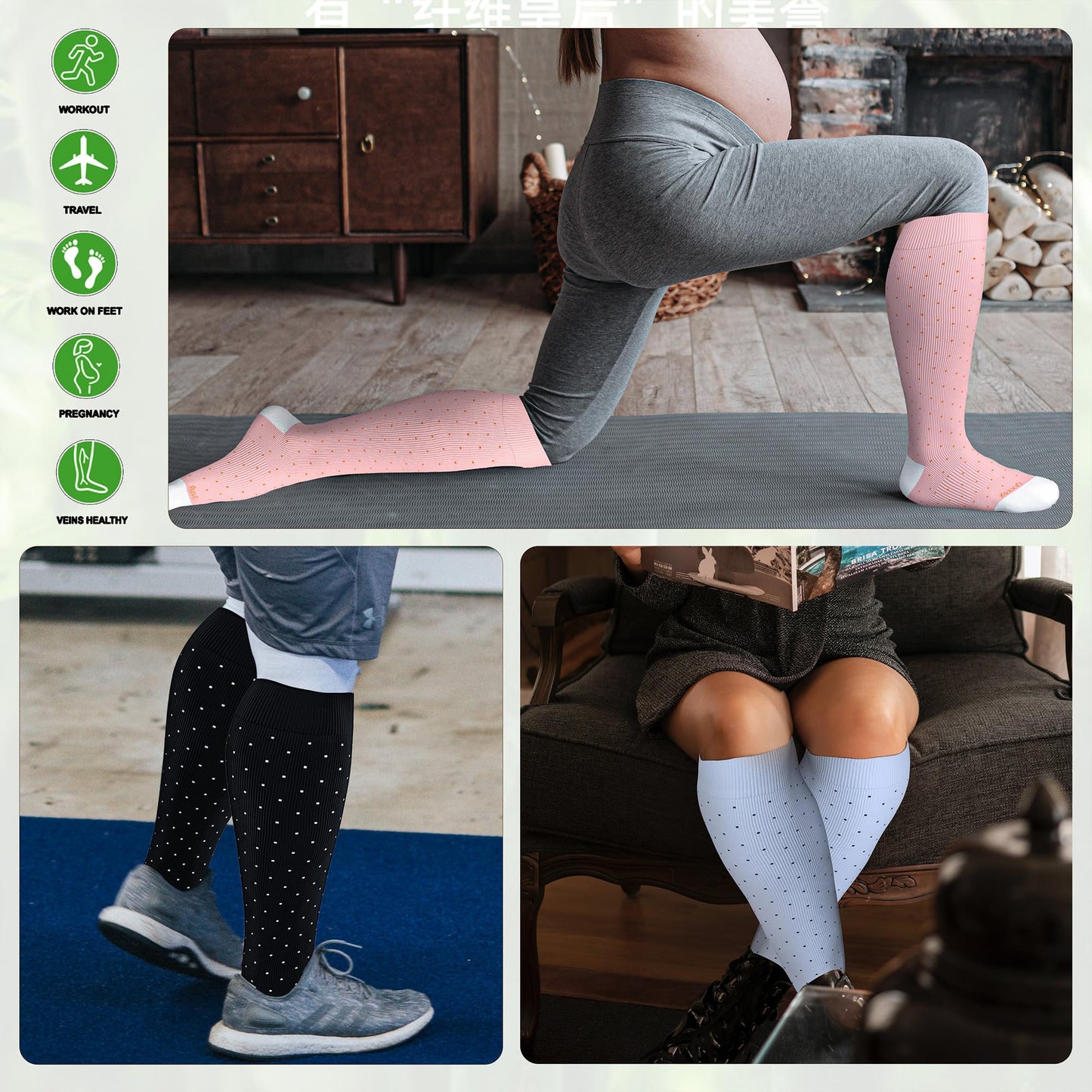 LEVSOX Bamboo Plus Size Compression Socks for Women Men Wide Calf 15-20mmHg Knee High for Pregnancy, Nurse, Travel, 3 Pair-polkadots, 3XL
