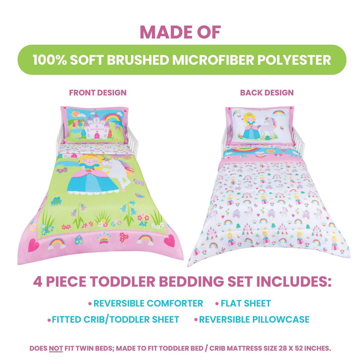 Todays Kids Princess Toddler Bedding Set for Girls - 4-Piece Toddler Bed Comforter Sets for Girls, Reversible Comforter & Pillowcase, Flat Sheet, Fitted Sheet, Breathable & Super Soft Microfiber