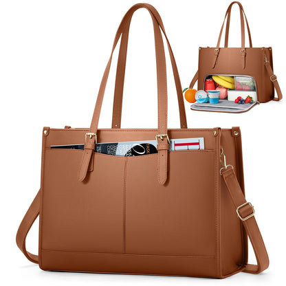 RAINSMORE Lunch Tote Bag for Women 15.6 Inch Laptop Bags with Insulated Lunch Compartment Large Leather Quilted Computer Tote for Teacher Nurse Work Collage Casual Brown