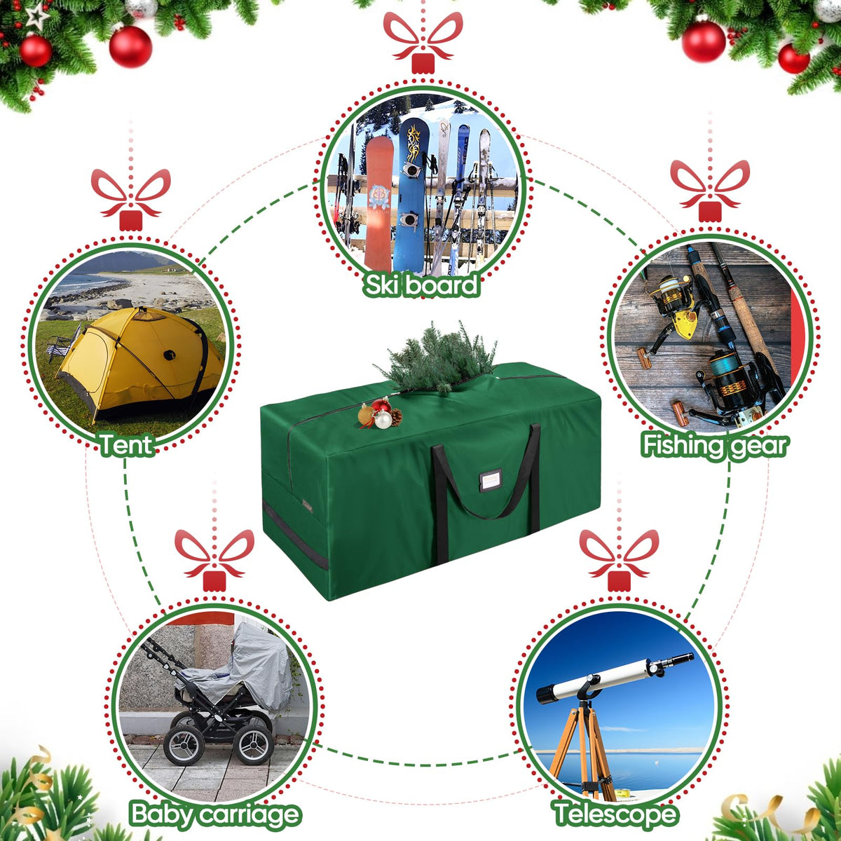 BALEINE 7.5 ft Christmas Tree Storage Bag, Heavy Duty 900D Oxford Fabric with Reinforced Handles and Dual Zippers Wide Opening, Extra Large Storage Container (Green)