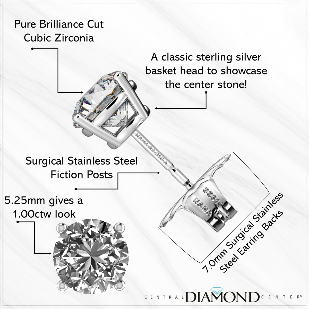 Central Diamond Center Round Simulated Diamond Stud Earrings Hypoallergenic Metal & Sterling Silver CZ - 5.25mm (1.00cttw) Platinum