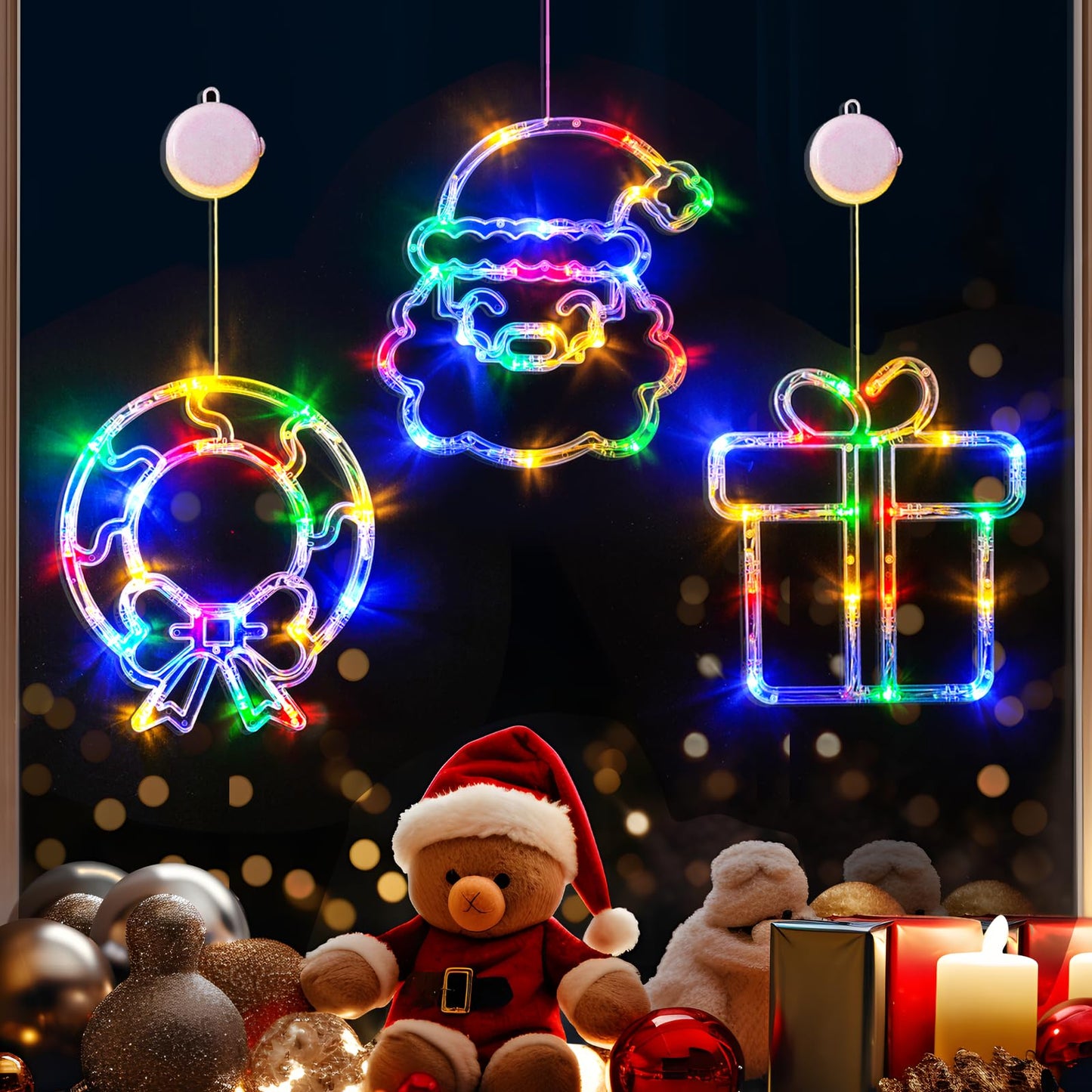 LOLStar Christmas Window Decorations 3 Pack Wreath Gift Box Santa Claus Christmas Window Lights with Suction Cups, Battery Operated Xmas Lights Decors, 2024 Upgrade Slow Fade Mode and Timer Function