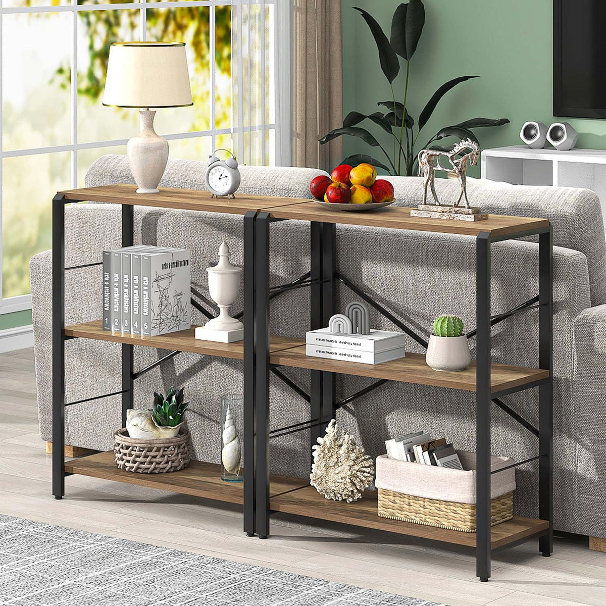 FOLUBAN Small Bookshelf, 3 Tier Open Book Shelf, Rustic Wood and Metal Shelving Unit for Small Space, Oak