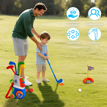 PJG Toddler Golf Set, Plastic Kids Golf Clubs Ages 1 2 3 4 5 Years Old with 4 Golf Clubs and 10 Balls, Indoor and Outdoor Toddler Golf Toys with Cart for Boys and Girls Birthday (Blue)