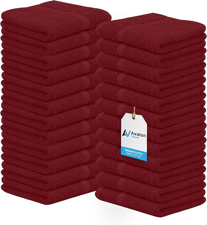 Avalon Towels Cotton Washcloths 24-Pack – 12 x 12 Inch Red Super Soft &