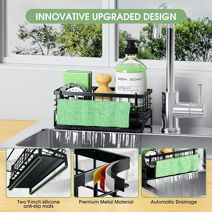Self-Draining Kitchen Sink Caddy, Rustproof Non-Slip Metal Sponge Holder