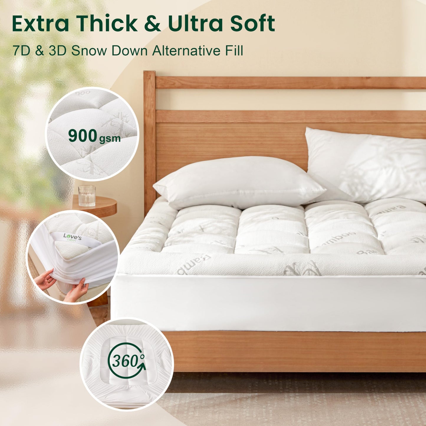 Love's cabin Twin Mattress Topper Viscose Derived from Bamboo, Thick Pillow Top Mattress Pad with Stretchable Pockets for 8"-20" Mattress, Soft Breathable Cooling Mattress Topper for Hot Sleepers