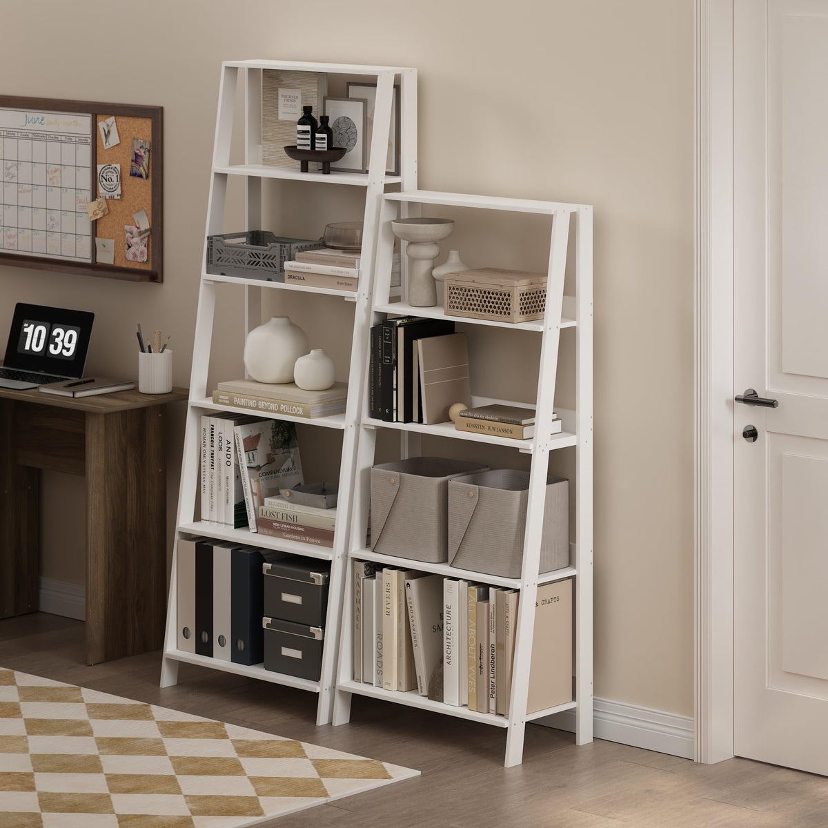 Furinno Ladder Book Shelf, 5-Tier Ladder Shelf, Bookshelf, Display Storage Shelves, 13 x 23.6 x 53.5, for Living Room, Home Office, Plain White