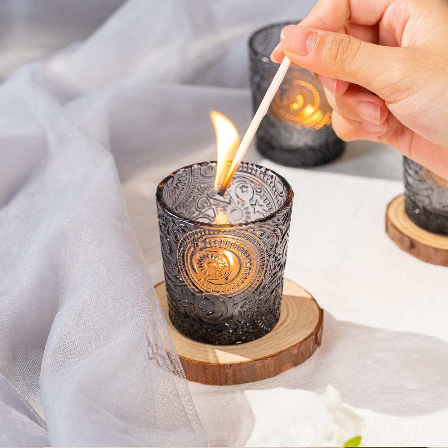 6 Pack Sun Moon Star Embossed Glass Tea Light Candle Holders - Votive Candle Holders for Wedding, Party, Home Decor, and Table Centerpieces (Gray)