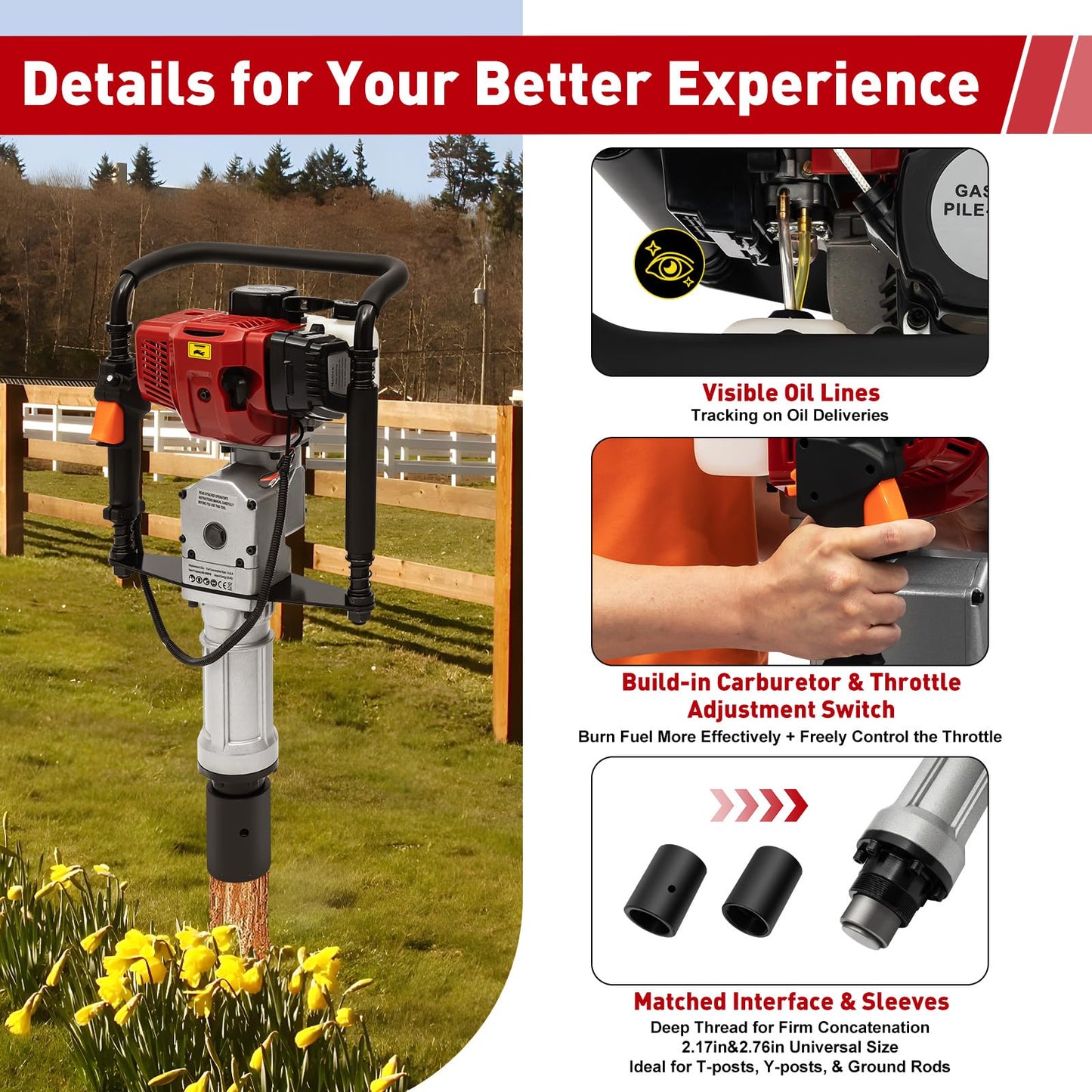 POIOKLJRE 52CC Gas Powered T Post Driver, 1900W Air-Cooled Petrol Piledriver w/Shock Absorption & 2 Socket Sizes (55/70mm), for Fencing & Solar