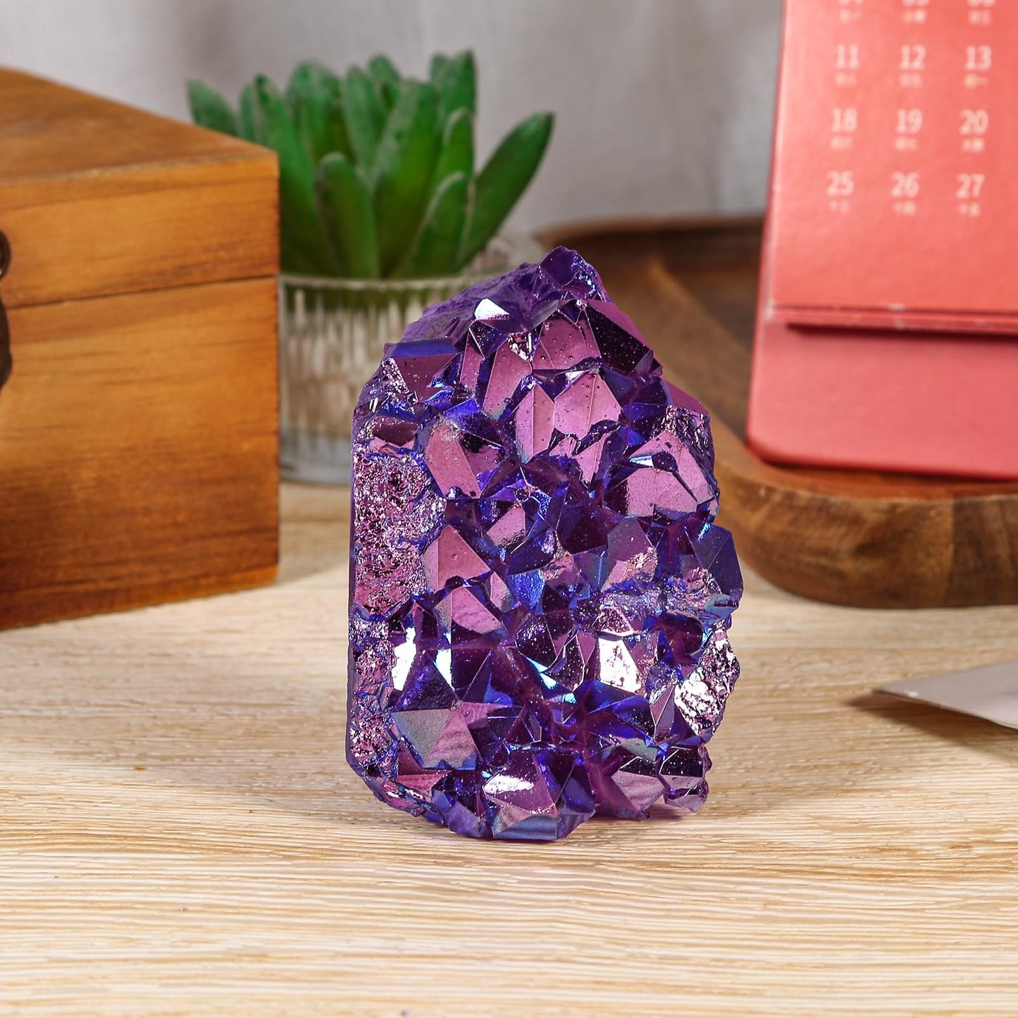 TUMBEELLUWA Natural Crystal Cluster Geode Stone Specimen for Home Decor, Titanium Coated Purple AB Crystal Cluster for Reiki Healing