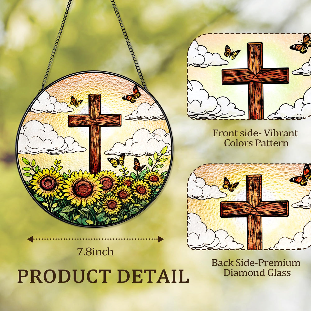 8 Inch Stained Glass Cross Suncatcher with Sunflower & Butterfly Christian Gifts for Women Religious Window Hanging Decor Unique Catholic Easter Birthday Gifts for Mom Grandma (Brown, Medium)