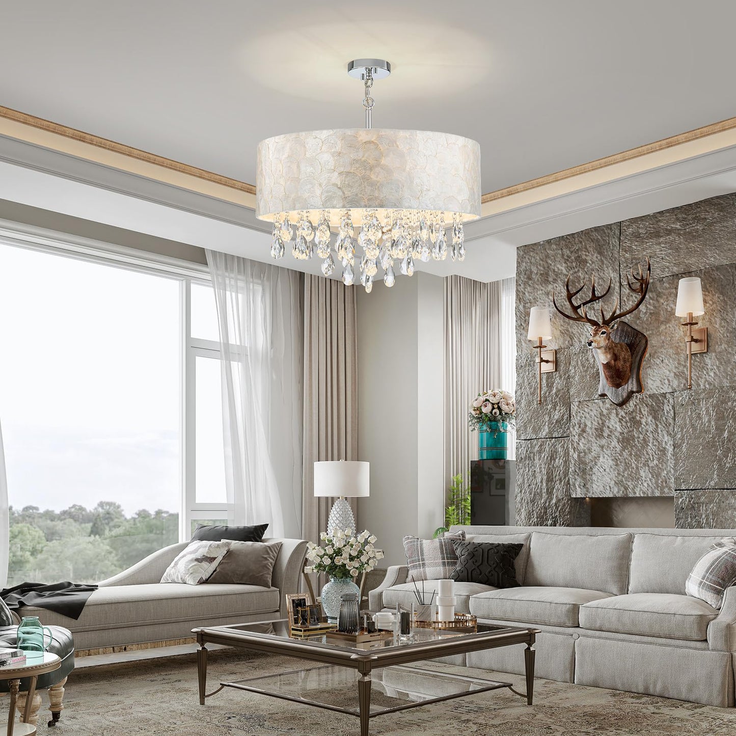 LumFurn X-Large D24in Drum Capiz Shell Crystal Chandeliers, 6-Light Coastal Style Light Fixture for Dining Room, Living Room, D24xH23~71in(Adjustable), K9 Crystal, Shell Lampshade & Chrome Finish