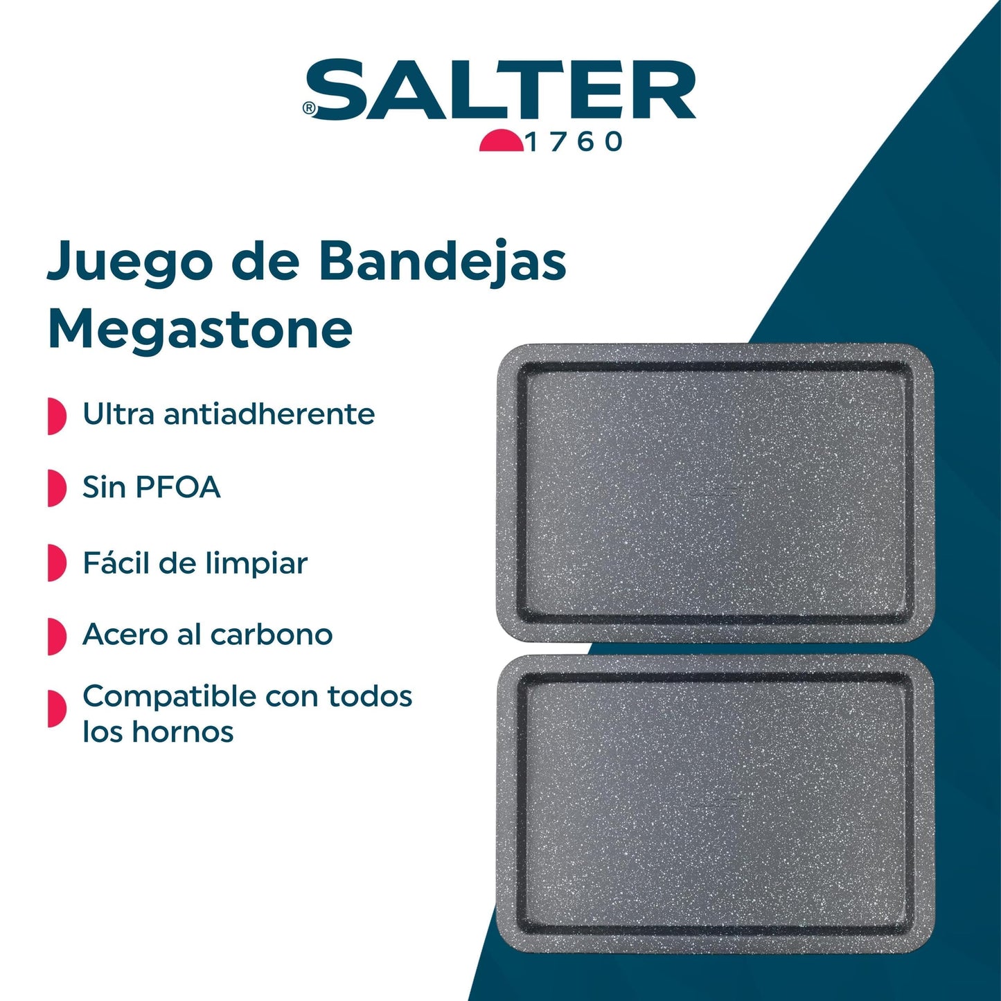 Salter COMBO-8261 Baking Tray Set of 2, Non-Stick Carbon Steel Oven Sheet, Easy Clean, Strong & Durable, Long Lasting, PFOA-Free, Megastone Collection, Black/Silver, 37 cm