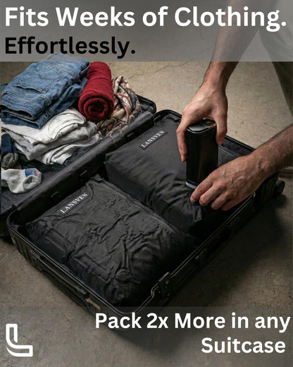 LANSVEN Cordless travel vacuum bag set - Reusable Nylon Compression Bags + Rechargeable Pump - Save 60% Space - Maximize Storage - Vacuum seal bags for clothing travel - for Carry-On & Suitcase