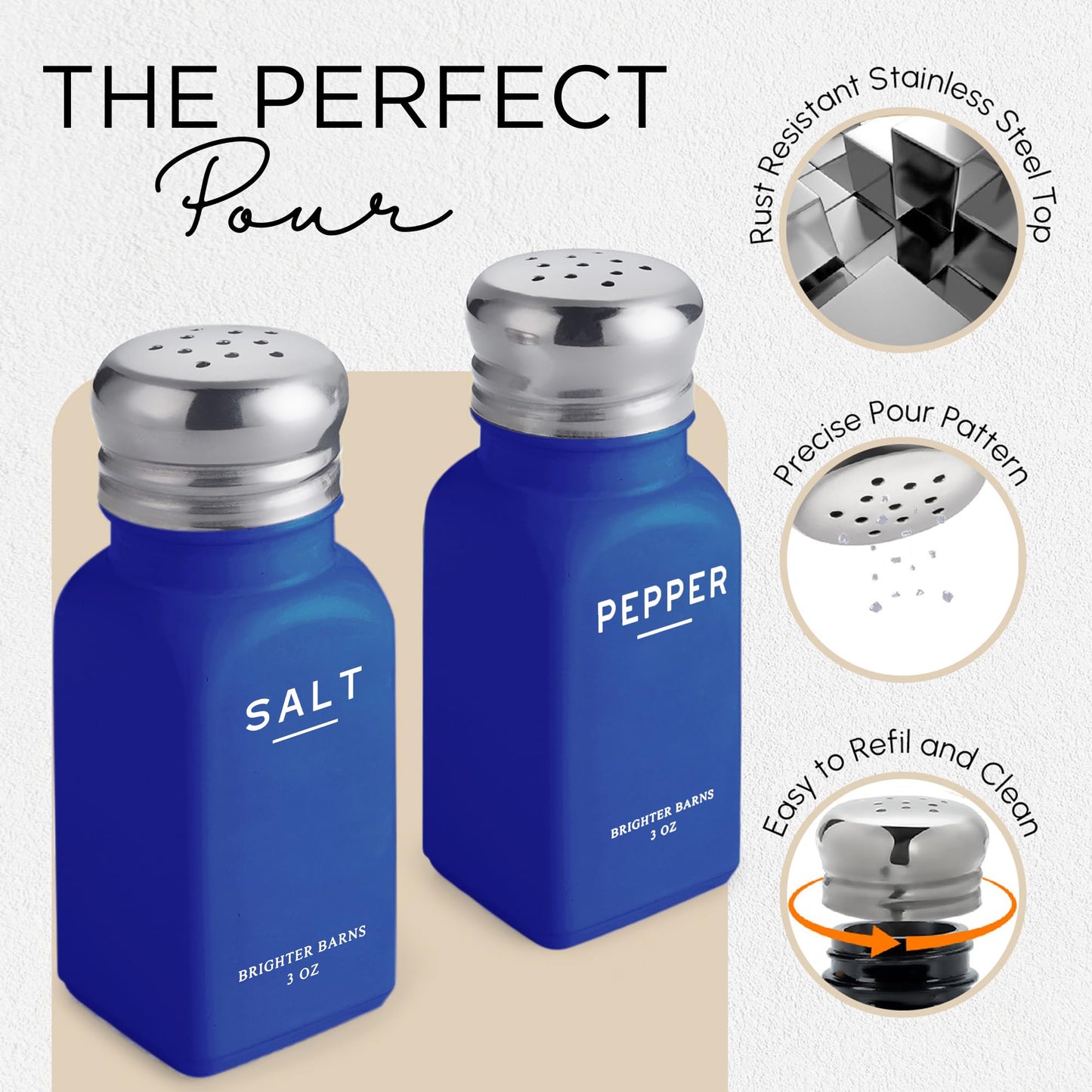 Blue Salt and Pepper Shakers Set with Holder by Brighter Barns - Glass Salt Shaker with Caddy - Modern Kitchen Decor, Dining Table Decor, Cute Kitchen Accessories for Restaurants, Dining Room (Blue)